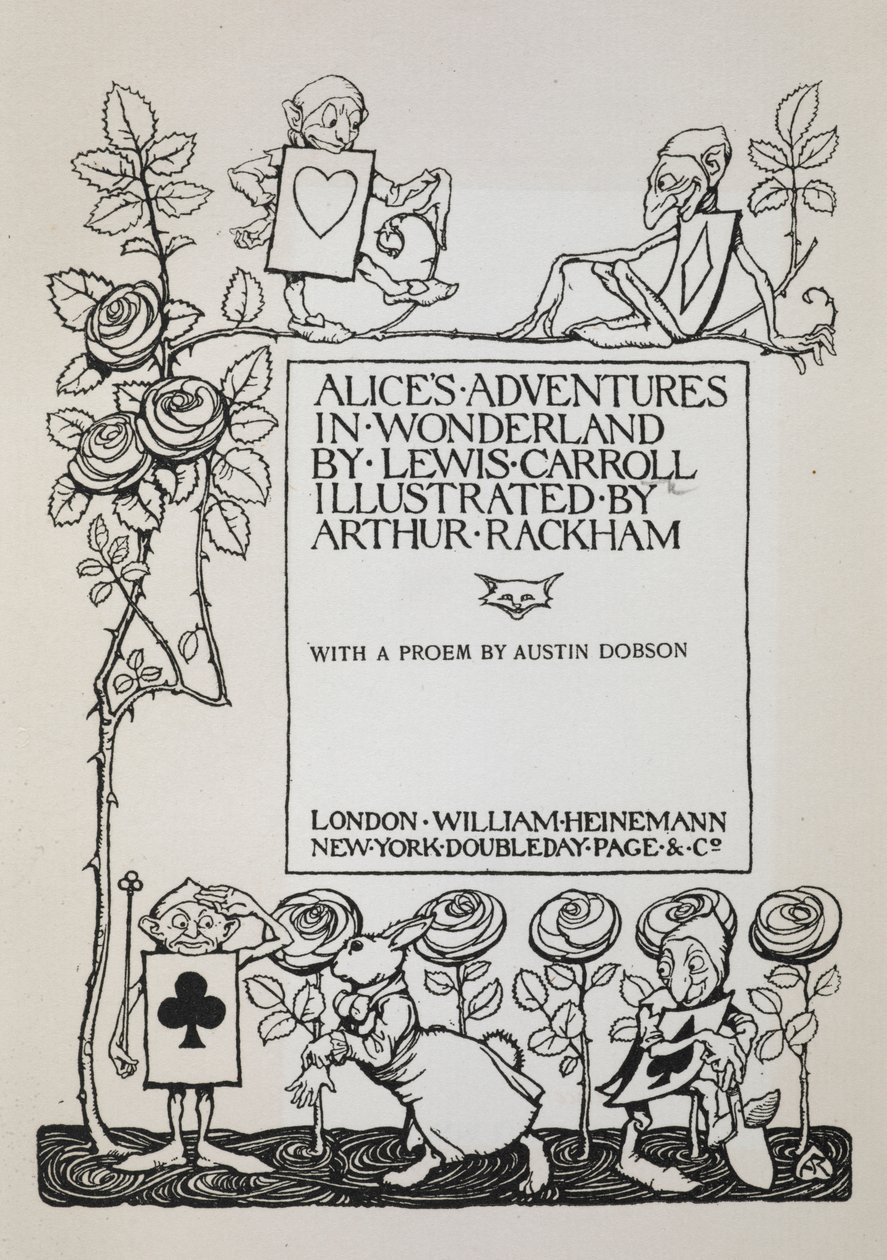 封面有玫瑰丛、白兔和打扮成卡片的男人 作者 亚瑟·拉克汉姆（Arthur Rackham）