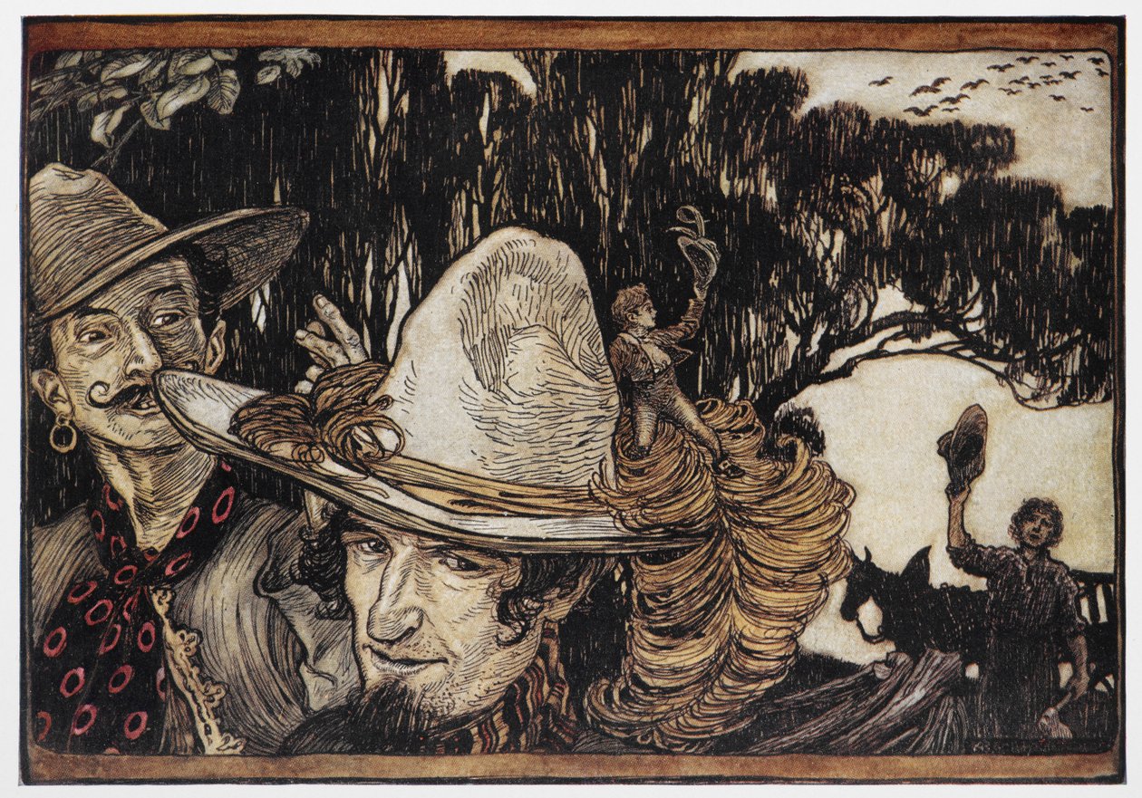 大拇指汤姆坐在帽沿上。 作者 亚瑟·拉克汉姆（Arthur Rackham）