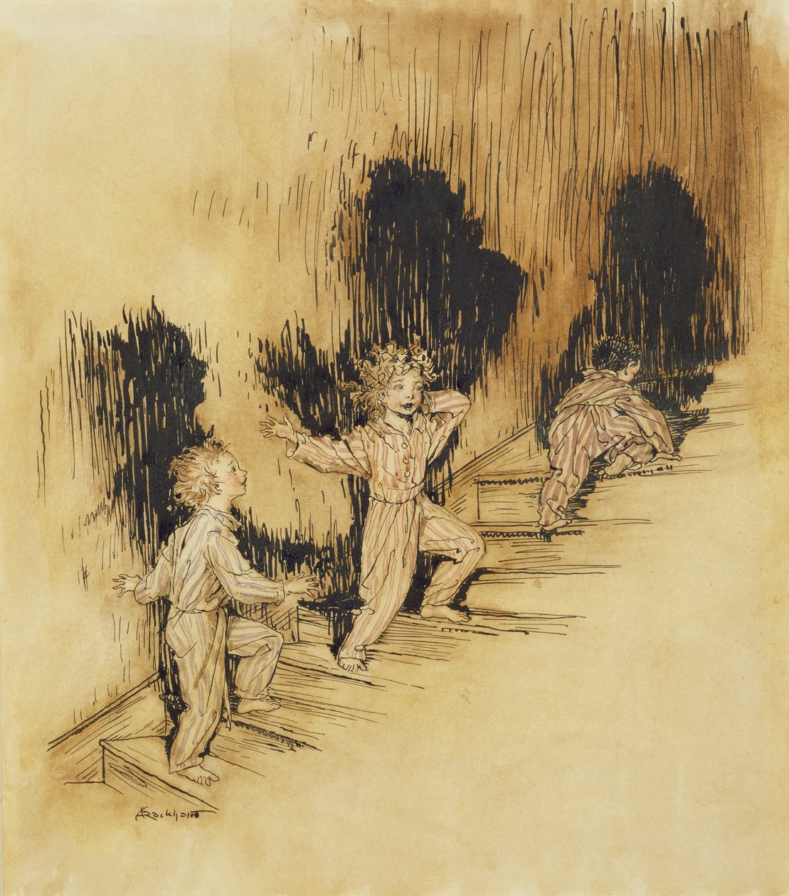 圣诞节前的夜晚，圣诞节前夜的插图，克莱门特·摩尔（Clement C. Moore），1931年（笔和墨水在纸上） 作者 亚瑟·拉克汉姆（Arthur Rackham）