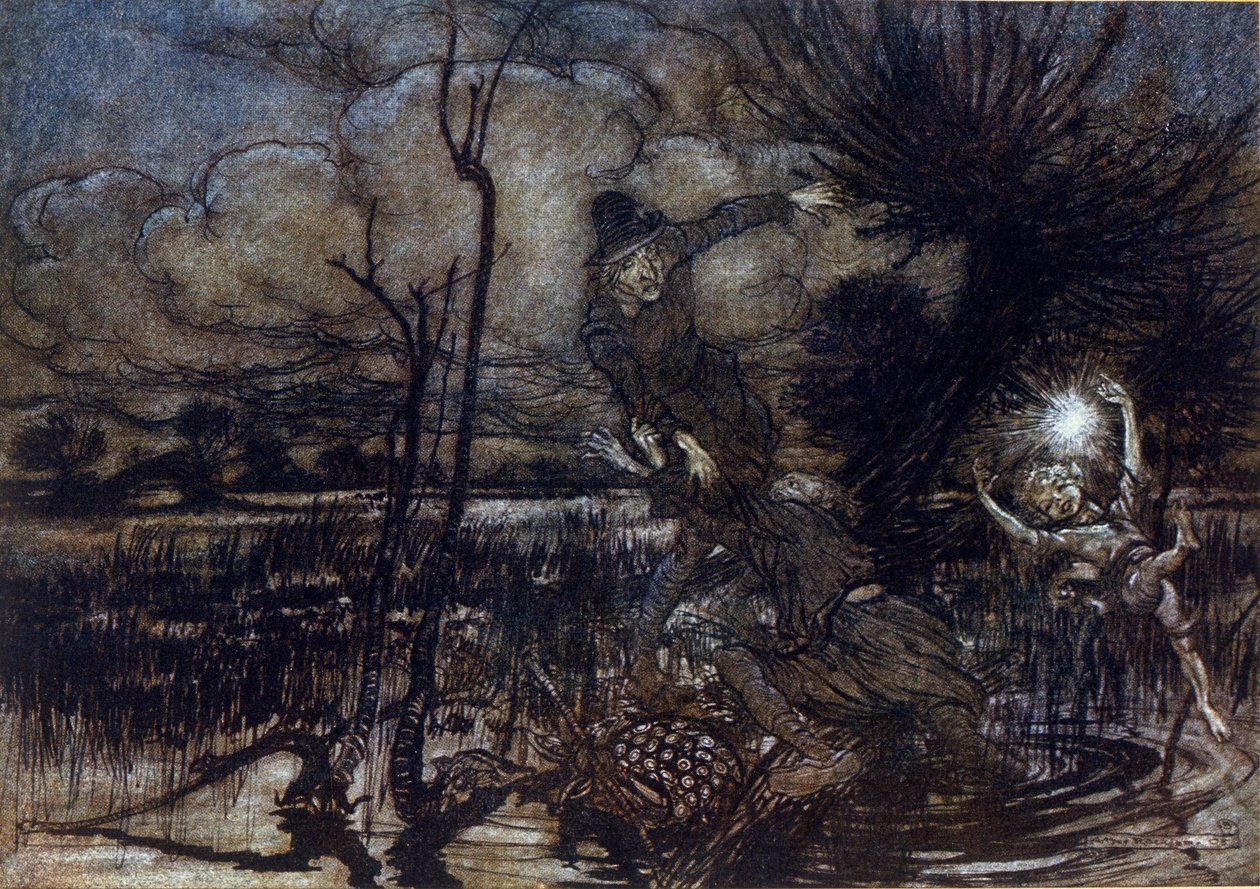 两个角色没能淹死在沼泽里，帕克帮助他们生火。 亚瑟·拉克汉姆 (1867-1939) 为威廉·莎士比亚的夏夜之梦绘制的插图 作者 亚瑟·拉克汉姆（Arthur Rackham）