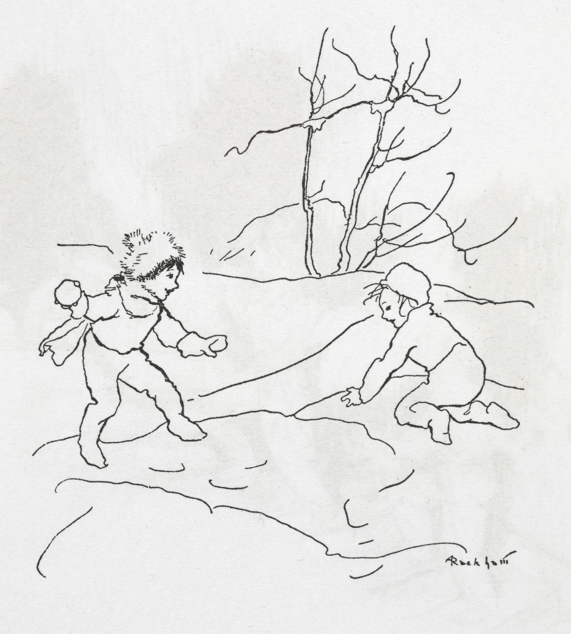 两个孩子打雪仗 作者 亚瑟·拉克汉姆（Arthur Rackham）