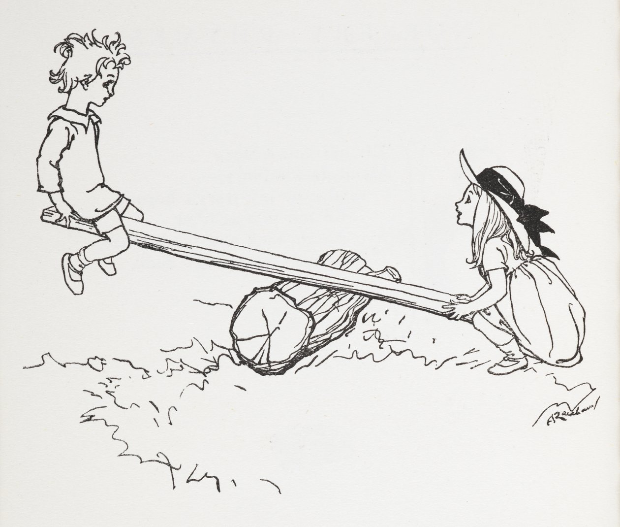 两个孩子在锯木架上 作者 亚瑟·拉克汉姆（Arthur Rackham）