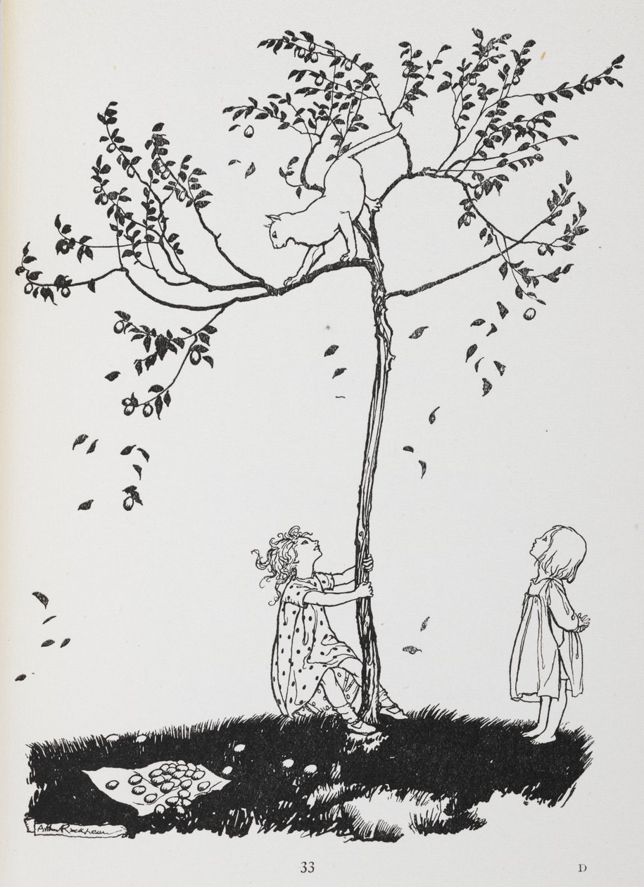 两个孩子试图把一只猫从树上弄下来。 作者 亚瑟·拉克汉姆（Arthur Rackham）