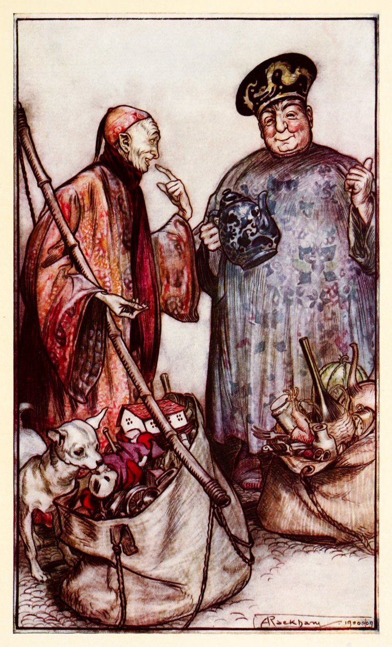 其中两位圣人......就像我们中间的小贩一样（表达自己随身携带的东西）来自第三部分：前往拉普塔的航程，Balnibarbi，Luggnagg，Glubbdubdrib和Gullivers Travels的日本 作者 亚瑟·拉克汉姆（Arthur Rackham）