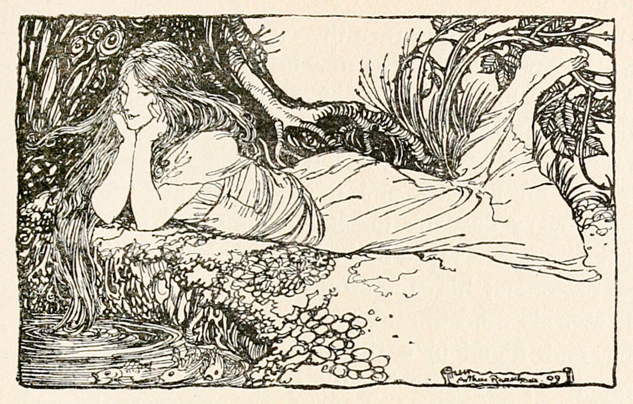 凝视着水面的恩迪娜，来自《恩迪娜》。 作者 亚瑟·拉克汉姆（Arthur Rackham）