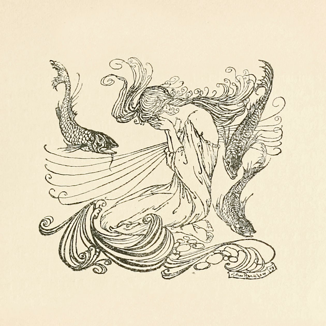 Undine从喷泉中站起来哭泣，来自《Undine》。 作者 亚瑟·拉克汉姆（Arthur Rackham）