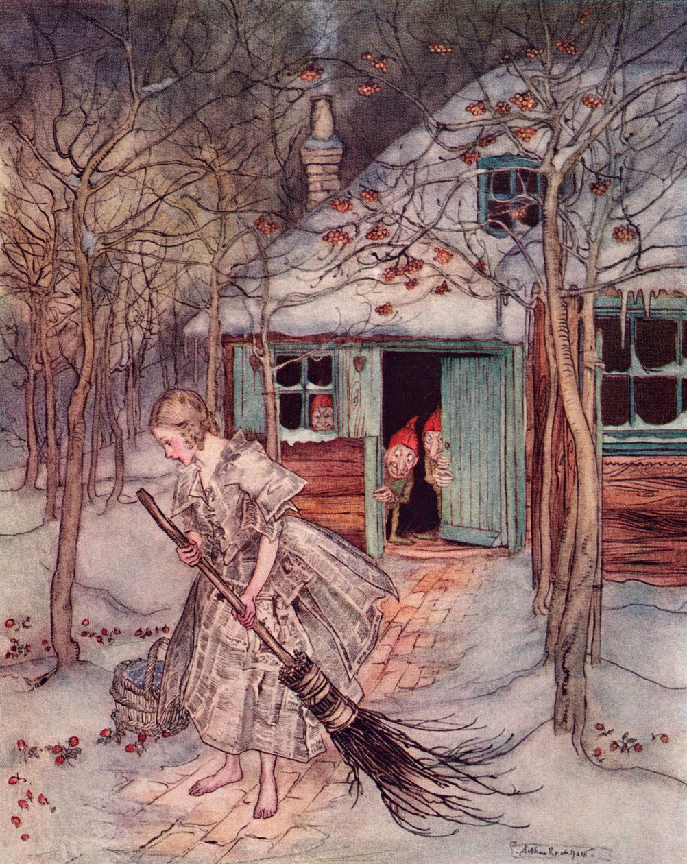 除了真正成熟的草莓之外，她在那里发现了什么？ 亚瑟·拉克姆 (Arthur Rackham) 为格林童话《树林里的三个小人》绘制的插图，出版于 19 世纪末。 作者 亚瑟·拉克汉姆（Arthur Rackham）
