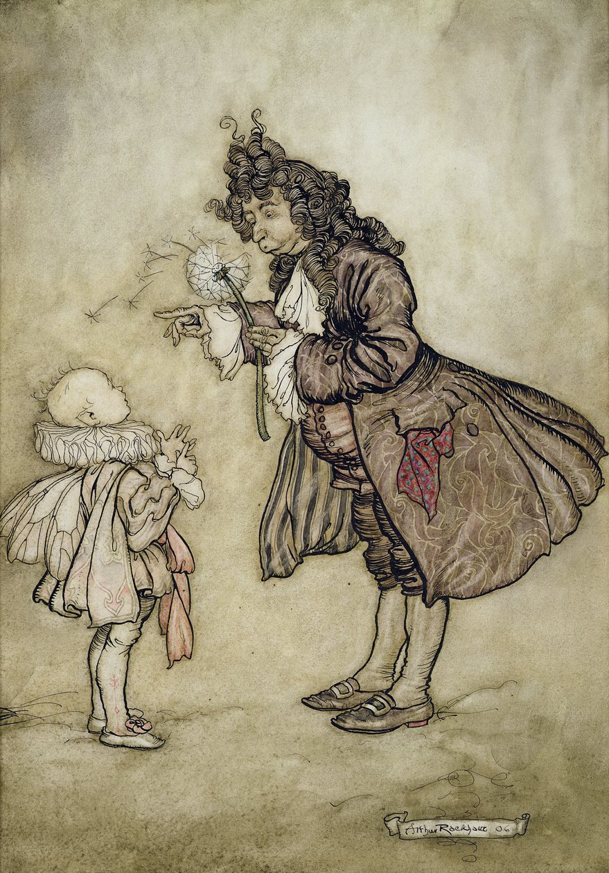 当女王陛下想知道时间时，来自肯辛顿花园的Peter Pan，JM Barrie，酒吧。作者：Hodder和Stoughton，1906年（笔和墨水在纸上用wc） 作者 亚瑟·拉克汉姆（Arthur Rackham）
