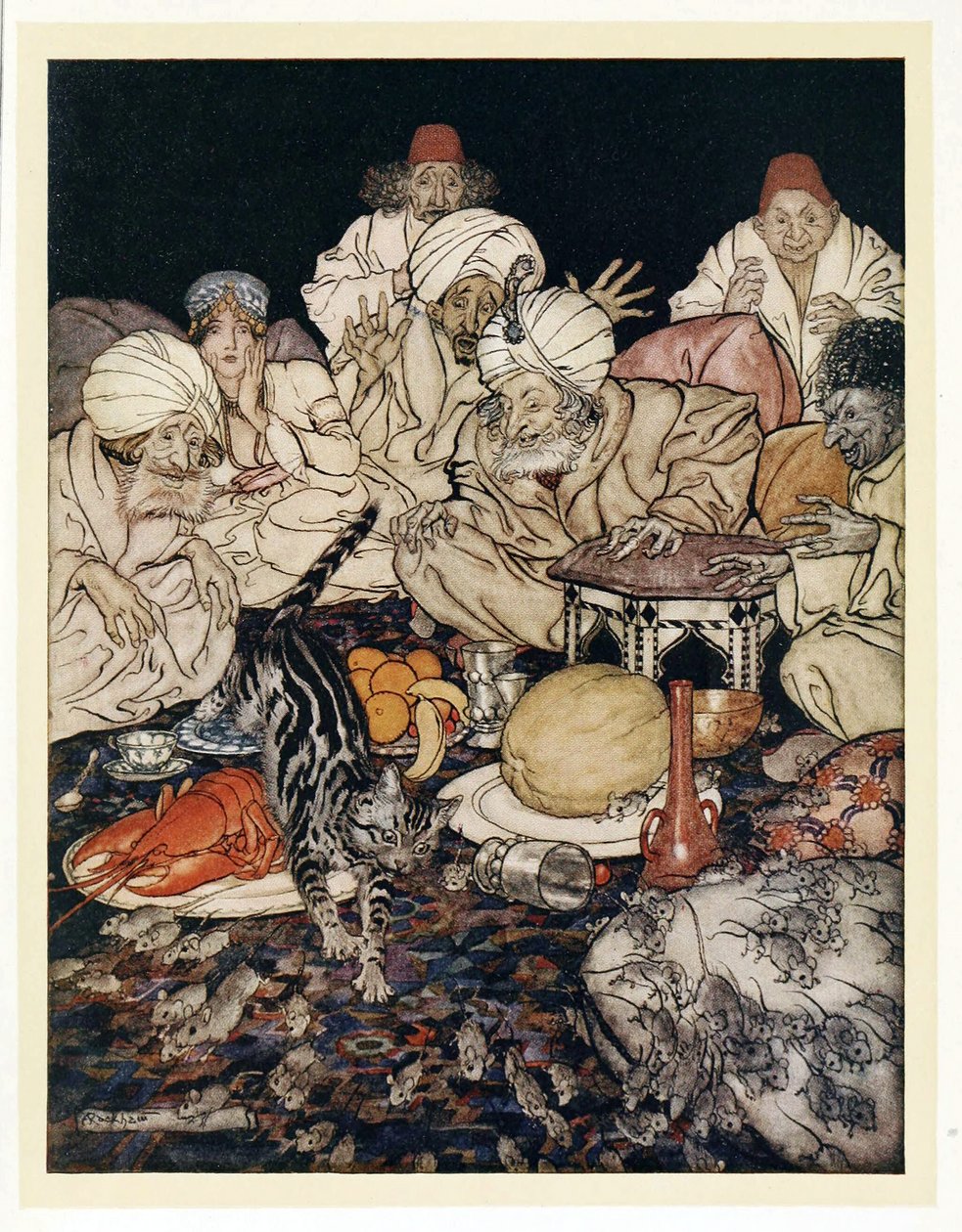 当Puss看到老鼠和老鼠时，她并没有等到被告知，来自English Fairy Tales，pub。 1922年 作者 亚瑟·拉克汉姆（Arthur Rackham）