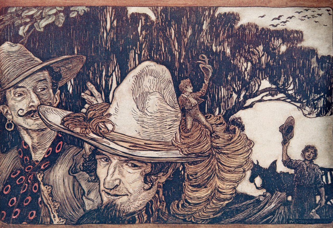 当汤姆告别他的父亲时，他们和他一起离开了......，来自格林兄弟的童话故事吧。 1909年 作者 亚瑟·拉克汉姆（Arthur Rackham）