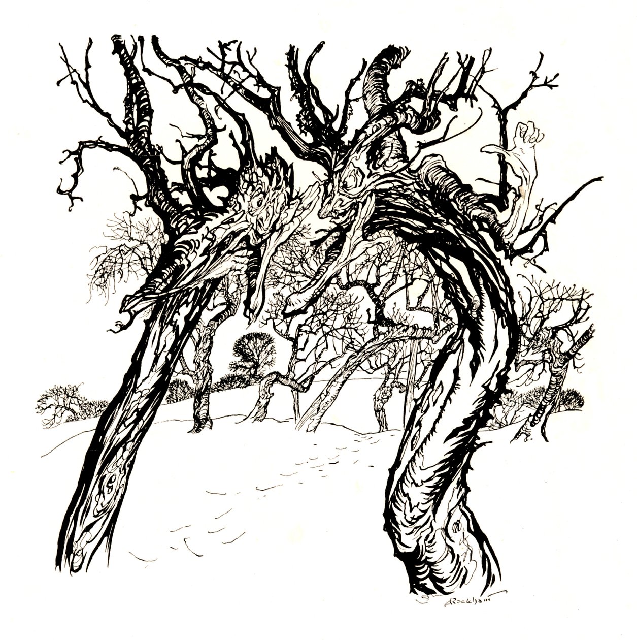 从苹果碟中窃窃私语的树木，1917年，1923年 作者 亚瑟·拉克汉姆（Arthur Rackham）