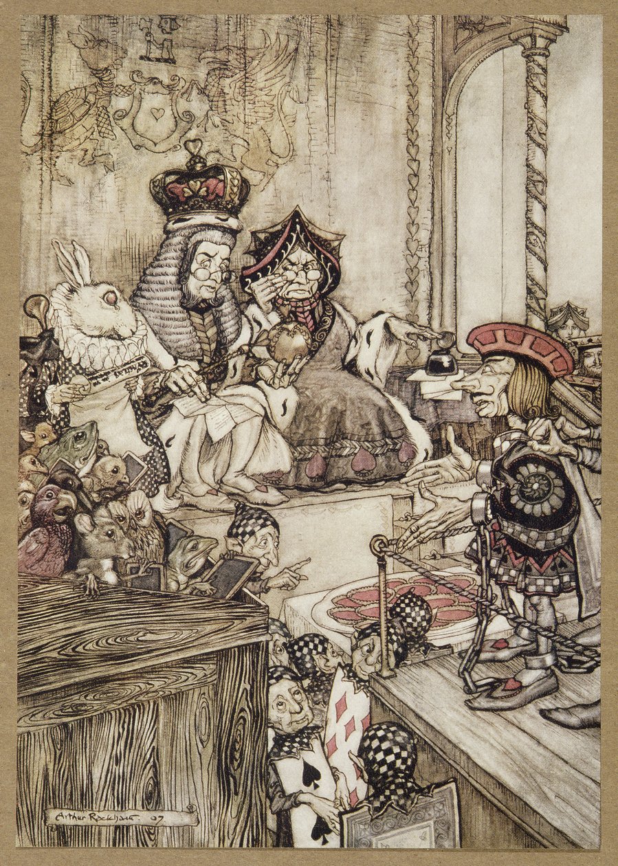 谁偷了蛋挞？"出自《爱丽丝漫游奇境记》，作者刘易斯-卡罗尔，出版。1907年（彩色平版印刷）。 作者 亚瑟·拉克汉姆（Arthur Rackham）