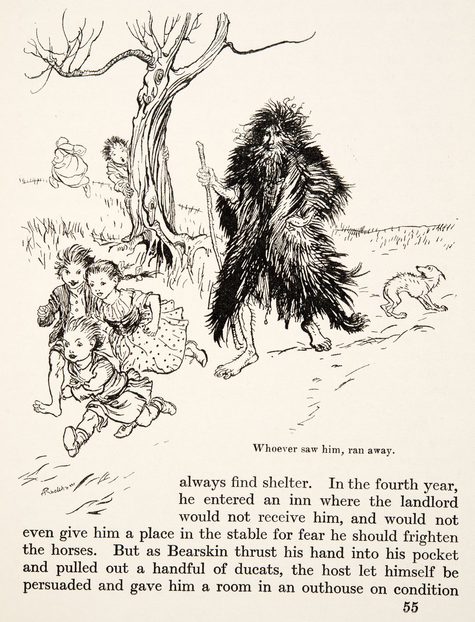 看到他跑掉的人，来自格林兄弟的小弟弟和小妹妹以及其他故事，pub.1917（石版画） 作者 亚瑟·拉克汉姆（Arthur Rackham）