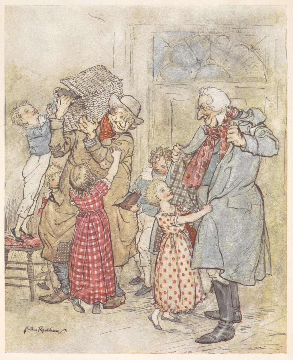 Young children helping two older men with their coats as they enter a house carrying Christmas gifts 作者 亚瑟·拉克汉姆（Arthur Rackham）