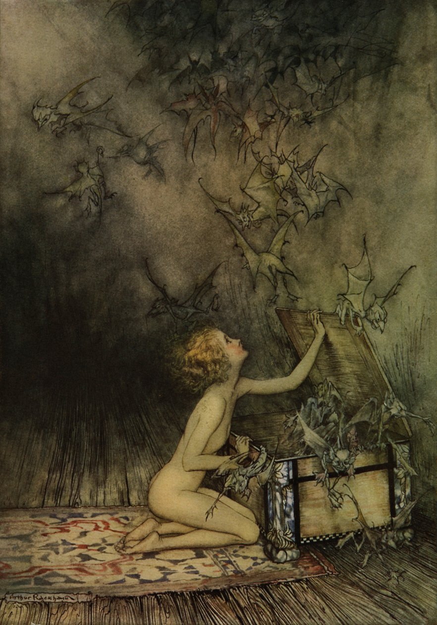 年轻的女孩和蝙蝠般 作者 亚瑟·拉克汉姆（Arthur Rackham）