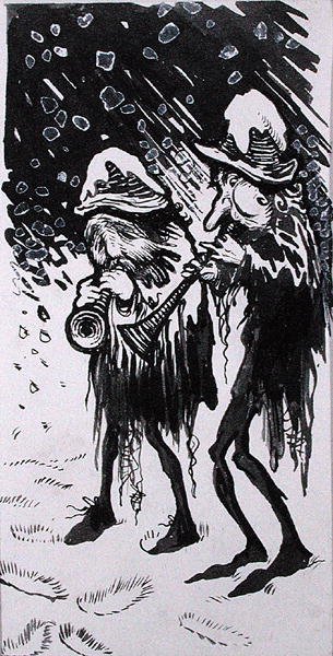 Yule Logs, Snapdragon, Wassail, Waits and Holly", 插图来自 "Old Friend Christmas", by C.V. Godby (纸上笔墨加单色水彩&体彩) 作者 亚瑟·拉克汉姆（Arthur Rackham）