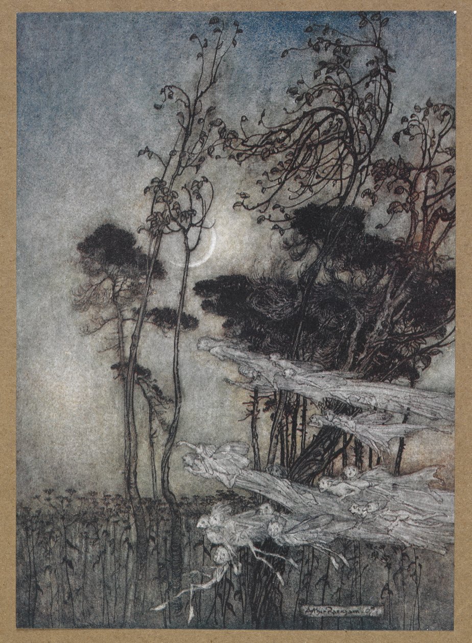 ......月亮，就像天边新弯的银弓"。
仲夏夜之梦》中的一个场景。 作者 亚瑟·拉克汉姆（Arthur Rackham）