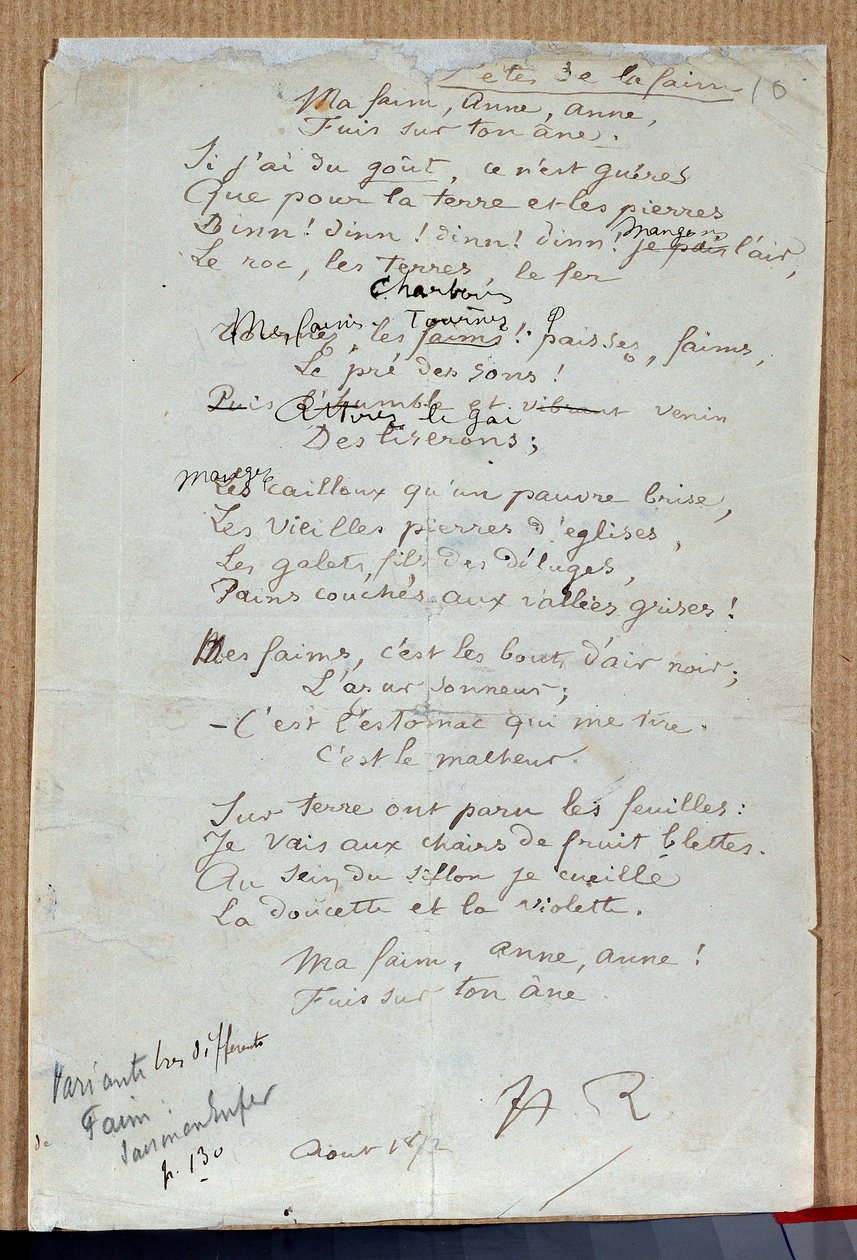 1872 年 8 月，亚瑟·兰波 (Arthur Rimbaud) 创作的诗“Les fetes de la Hung”的手稿。兰波博物馆 (Musee Rimbaud) 查勒维尔 作者 亚瑟·林波