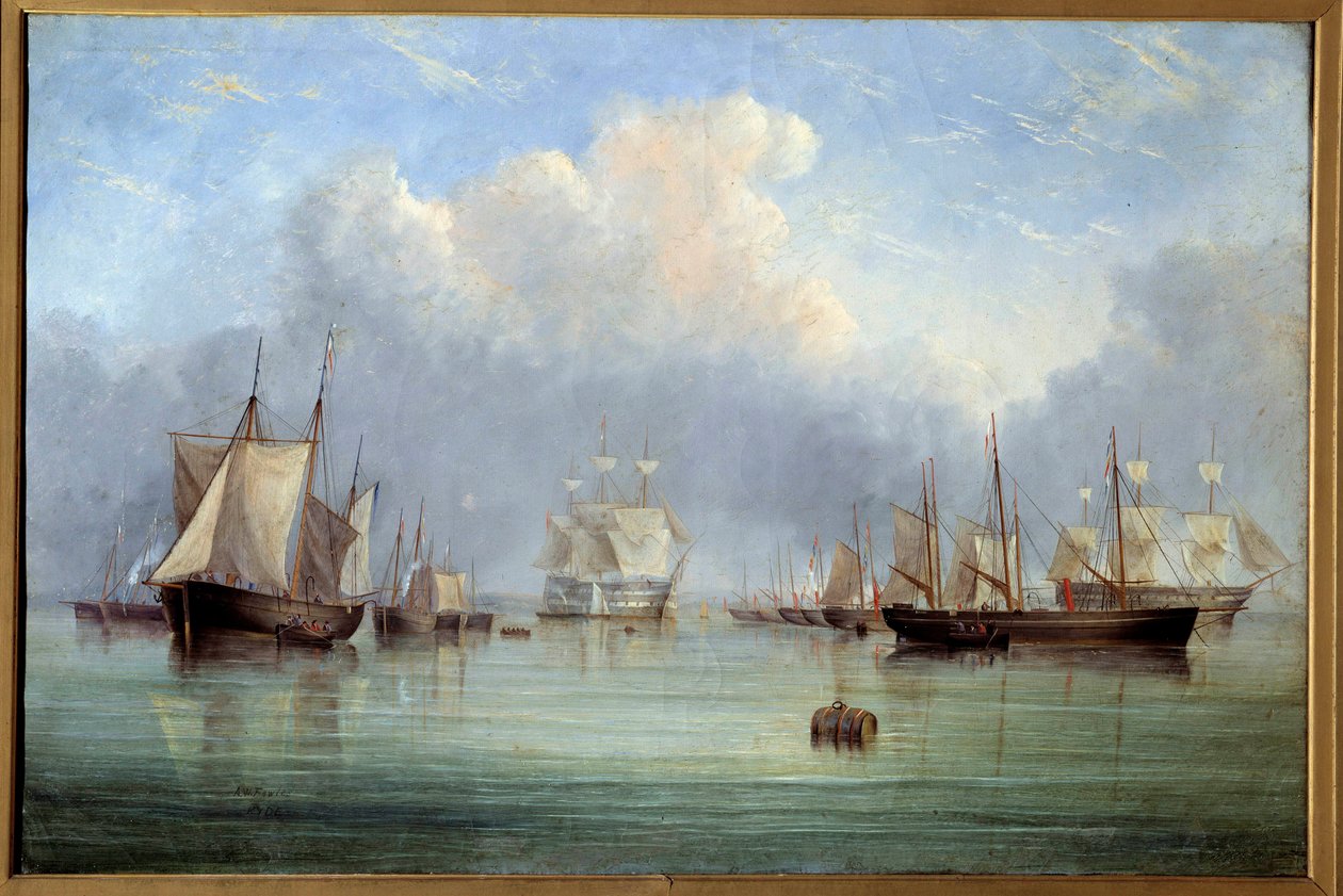 海上船舶和帆船停泊。 Arthur Wellington Fowles (1815-1883) 19 世纪奥尔良美术博物馆的绘画 作者 亚瑟·惠灵顿·福尔斯