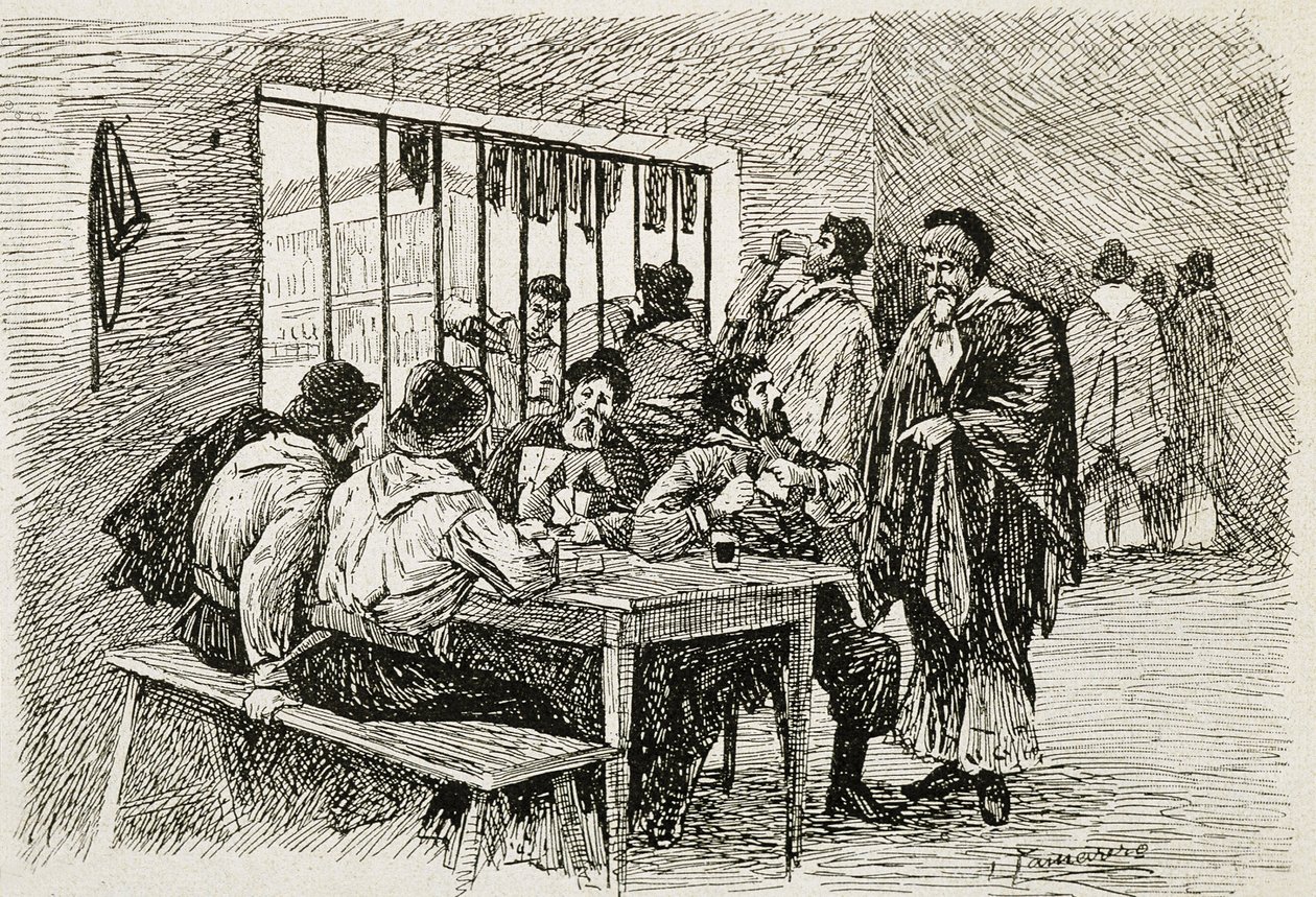 阿根廷（20 世纪）。酒馆和酒铺 "Pulperia"。插图作者：T.Tamarera。雕刻 作者 艺术家未知