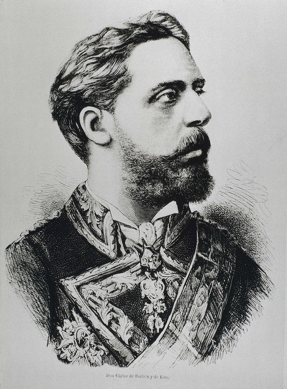 卡洛斯七世，Carlos Maria de los Dolores de Borbon y Austria-Este（1848-1909 年）。卡洛斯七世（Carlos VII），卡洛斯集团的西班牙王位篡夺者。西班牙。卡洛斯主义。卡洛斯七世，卡洛斯集团的王位篡夺者。发表于 "La ilustracion Espanola y Americana"。雕刻 作者 艺术家未知
