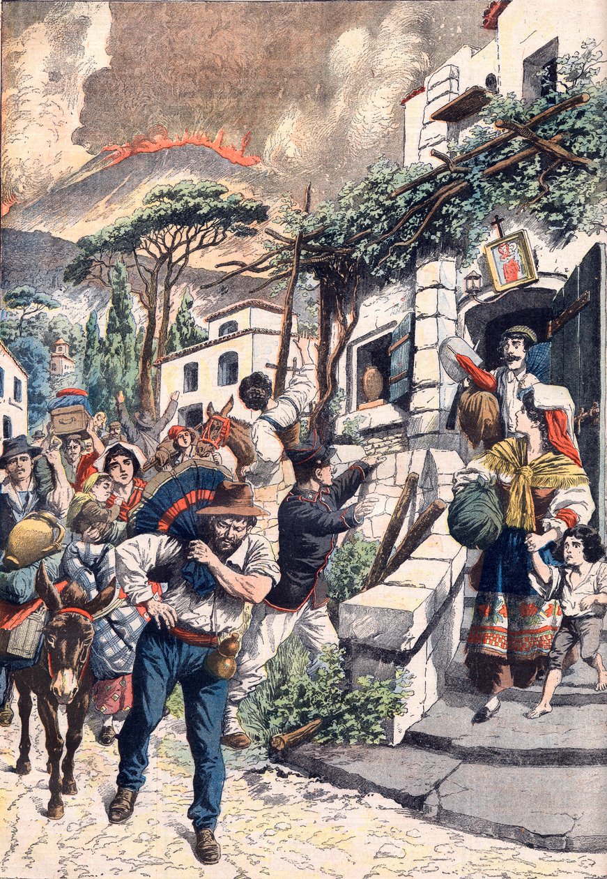 维苏威火山爆发，人们逃离火山，1906 年（印刷品） 作者 艺术家未知