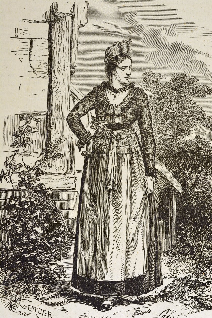 德国（19 世纪）。社会（1879 年）。阿尔萨斯。该地区的妇女。现在，阿尔萨斯由德国国会（1871-1918 年）控制。雕刻。私人收藏 作者 艺术家未知