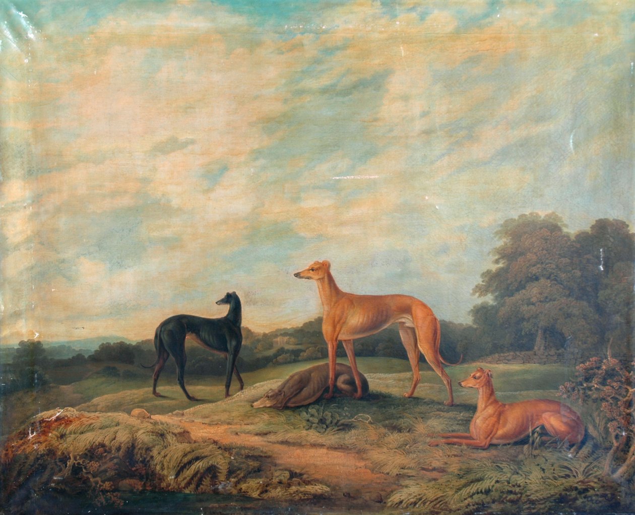 风景，四只灰狗在前景中（布面油画） 作者 艺术家未知