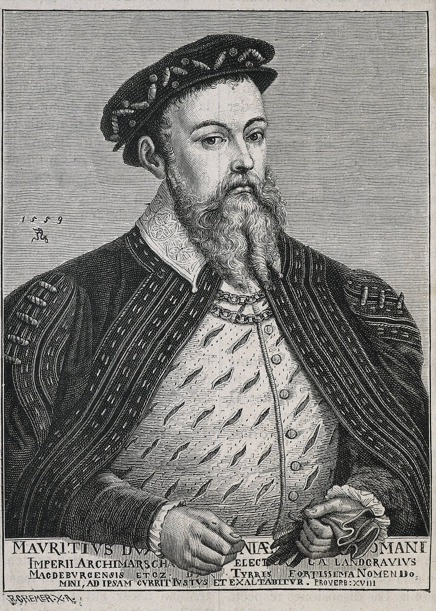 萨克森的莫里斯（1521-1553 年）。萨克森公爵（1541-1547 年），后成为选帝侯（1547-1553 年）。1539 年起成为新教徒。根据卢卡斯-克拉纳赫的画作绘制的肖像。雕刻 作者 艺术家未知