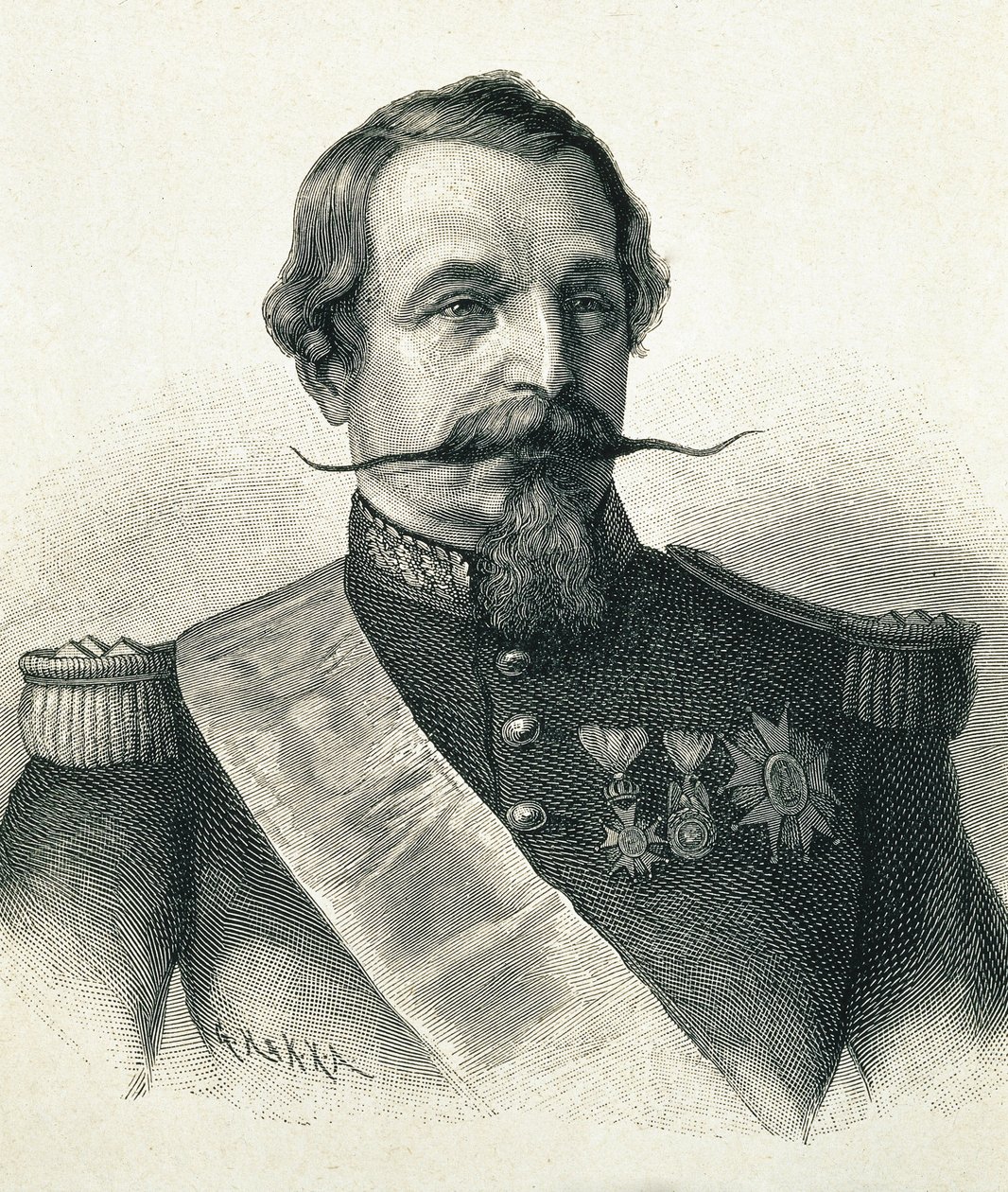 拿破仑三世，夏尔-路易-拿破仑-波拿巴（1808-1873 年）。法兰西第二共和国总统（1848-1852 年）和皇帝（1852-1870 年）。拿破仑三世肖像。雕刻。 作者 艺术家未知