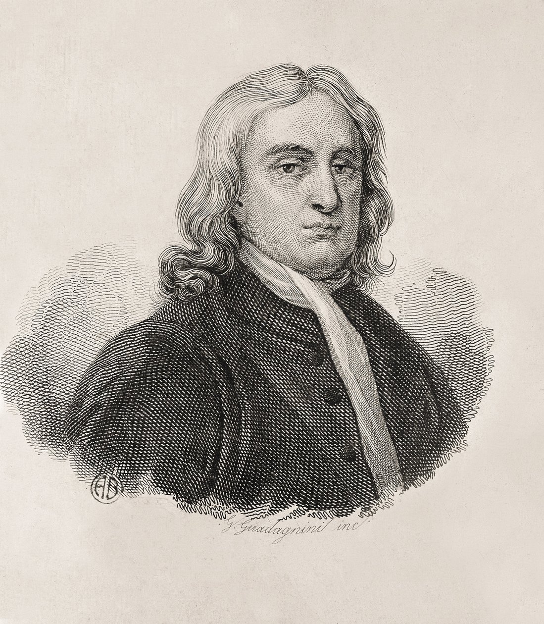 牛顿，艾萨克爵士（1642-1727 年）。英国数学家、物理学家和天文学家；GUADAGNINI，Gaetano（1800-1860 年）。意大利雕刻家。艾萨克-牛顿的肖像，盖塔诺-瓜达尼尼的作品。雕刻。意大利。伦巴第。米兰。Civica Raccolta delle Stampe "Achi 作者 艺术家未知
