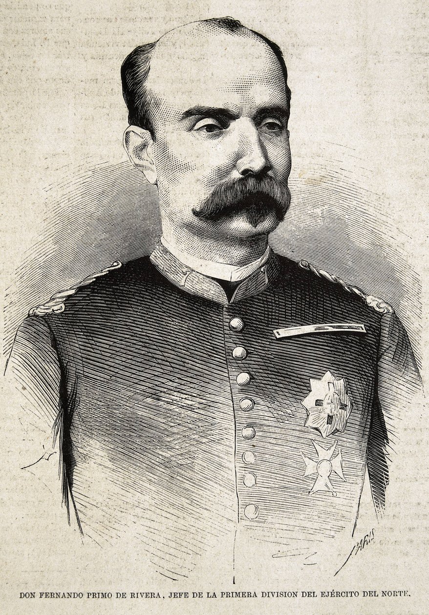 费尔南多-普里莫-德-里韦拉（1831-1921 年）。西班牙军事家和政治家。费尔南多-普里莫-德里维拉，曾参加第三次卡洛斯战争。雕刻。 作者 艺术家未知