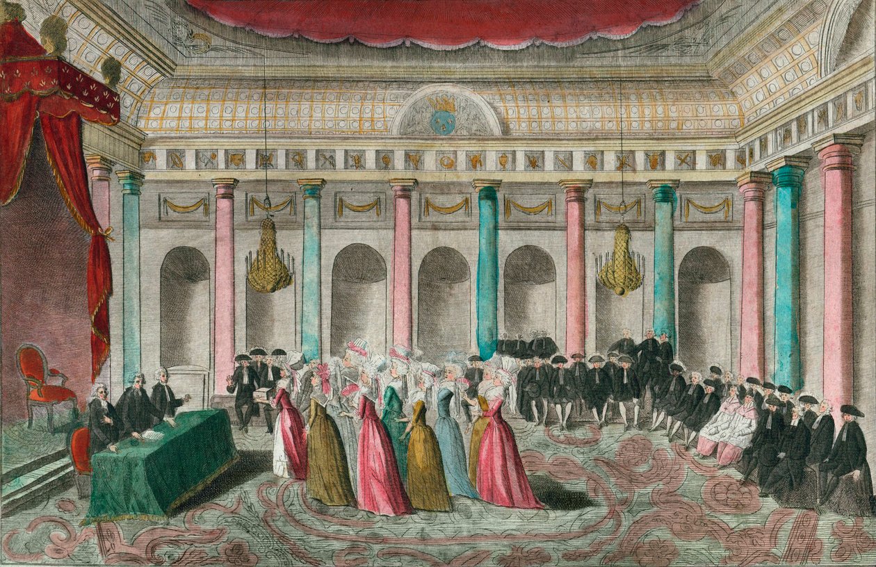 爱国礼物，1789 年 9 月 27 日：最杰出艺术家的女伴们来到国民议会，在桌子上放了一个装满珠宝的盒子。 作者 艺术家未知