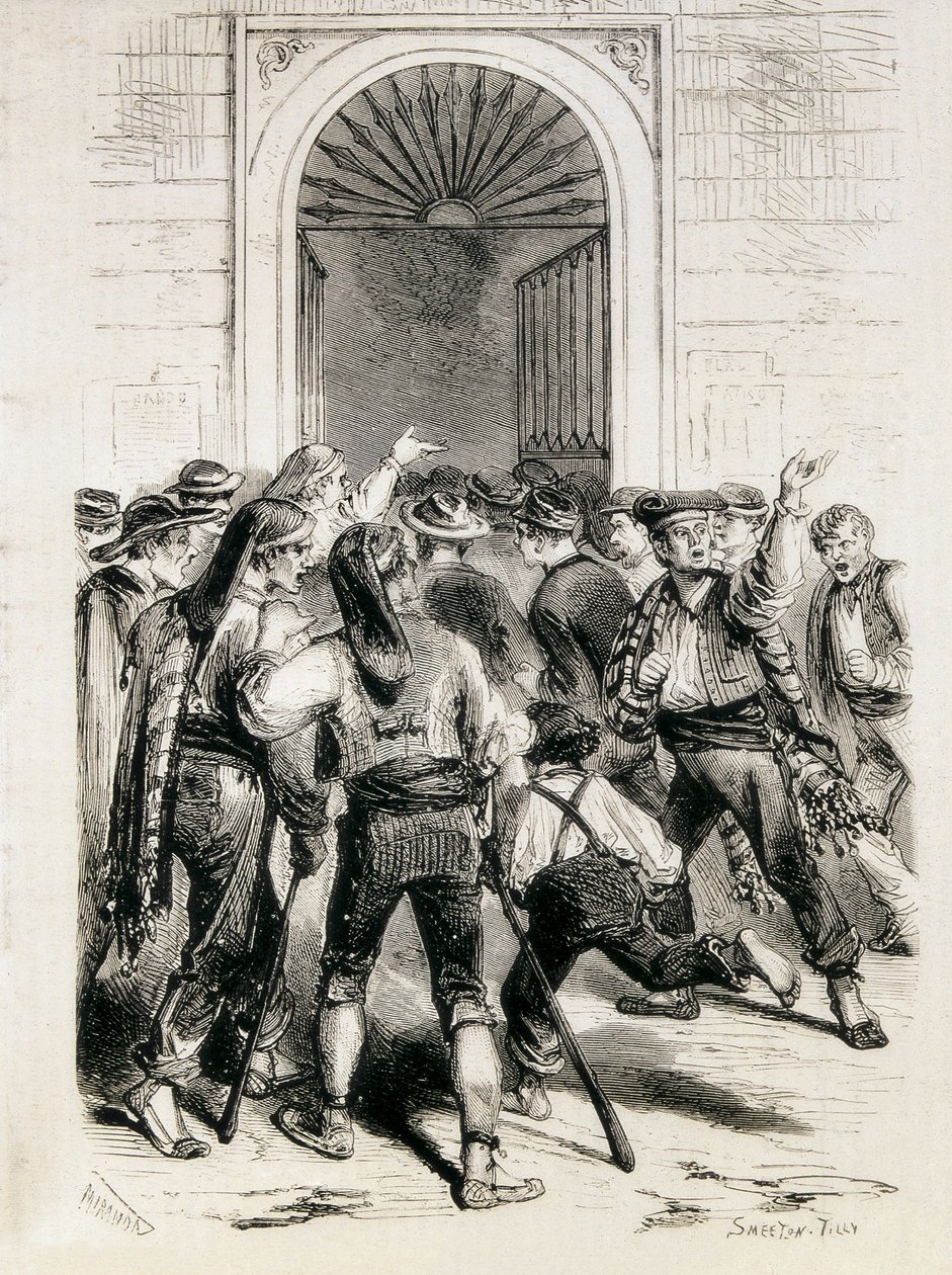 西班牙（1873 年）。宣布成立第一共和国并攻占巴塞罗那市政厅（1873 年 2 月 11 日）。蚀刻版画。 作者 艺术家未知