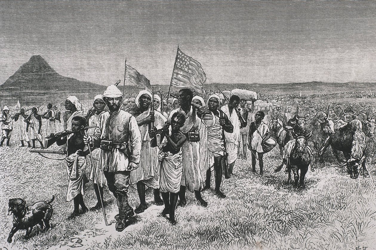 斯坦利，亨利-莫顿爵士（1841-1904 年）。"穿越乌尼罗河》，为法文版作品《穿越黑暗大陆》绘制的插图。蚀刻版画。法国。巴黎。巴黎。装饰艺术图书馆 作者 艺术家未知