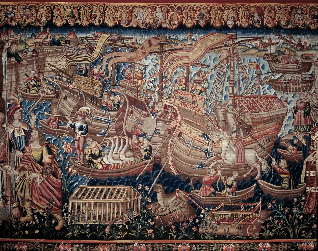 葡萄牙航海家瓦斯科-德-伽马（1459-1524 年）于 1498 年抵达印度卡利卡特，细节，挂毯 作者 艺术家未知