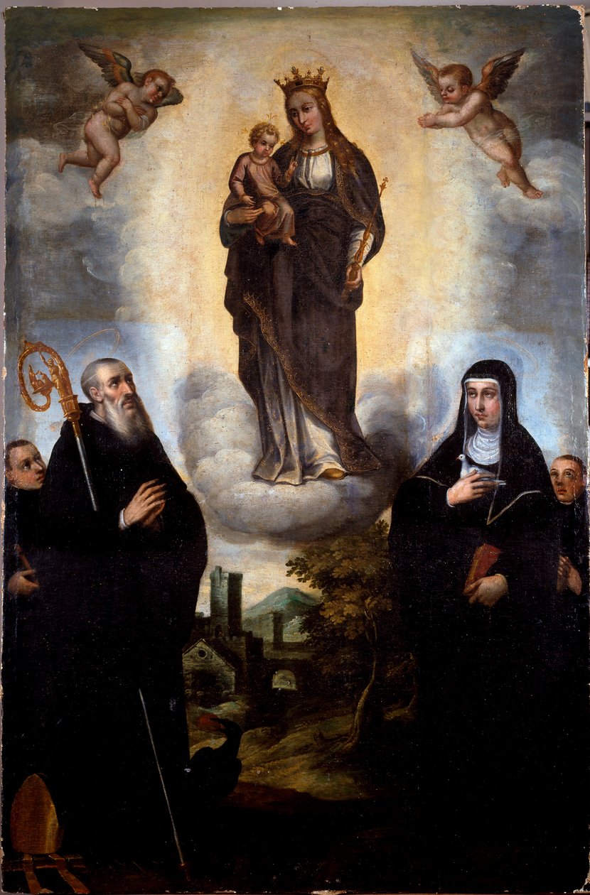 圣母怀抱圣婴与努尔西的圣本笃和她的妹妹 Sainte Scolastique（学者）在一起，后者是本笃会无名氏绘画的创始人。意大利蒙特卡西诺修道院 作者 艺术家未知