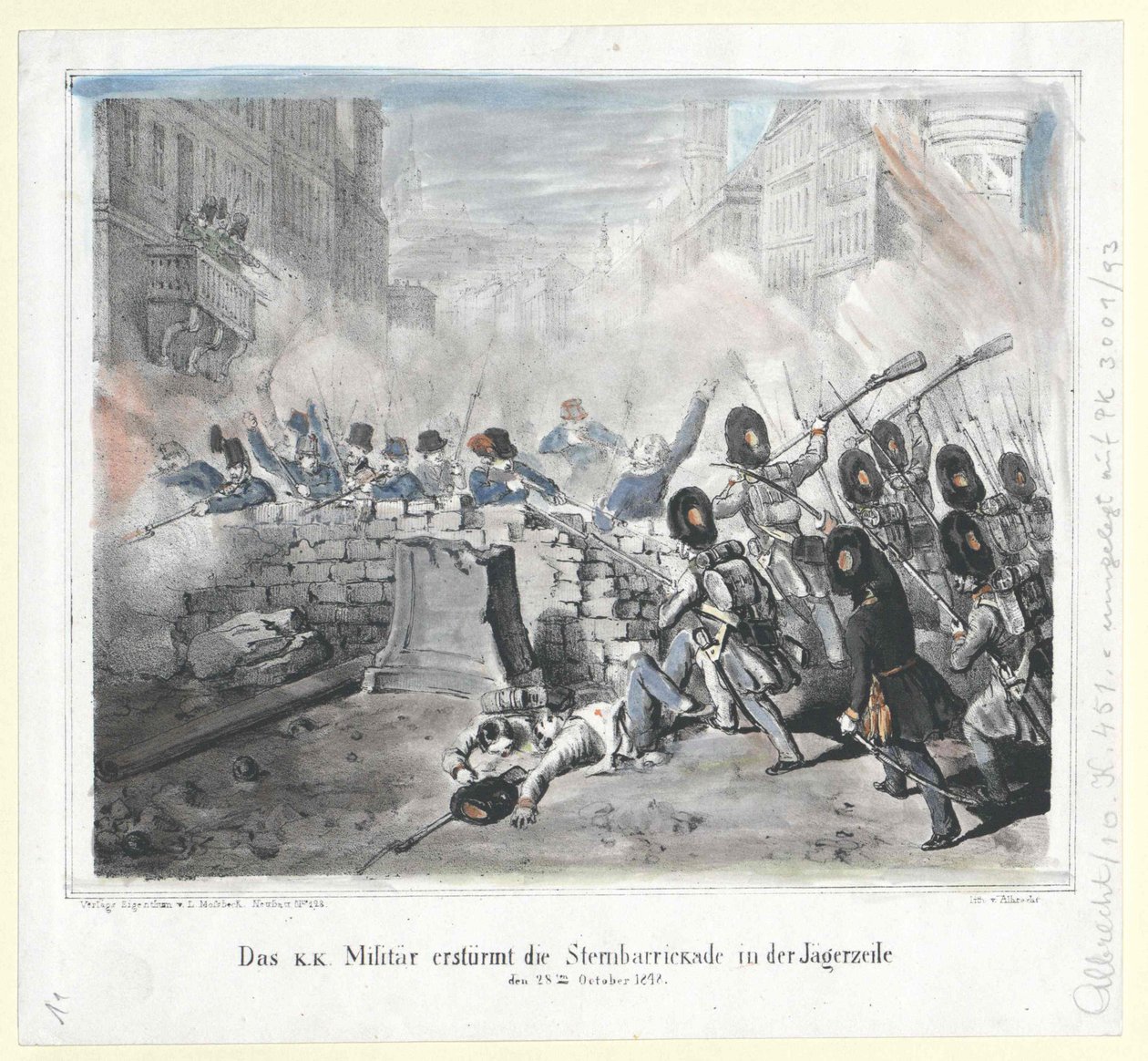 1848 年 10 月 28 日，K.K. 军队在 Jaegerzeile 冲进 Sternbarrickade 作者 艺术家未知