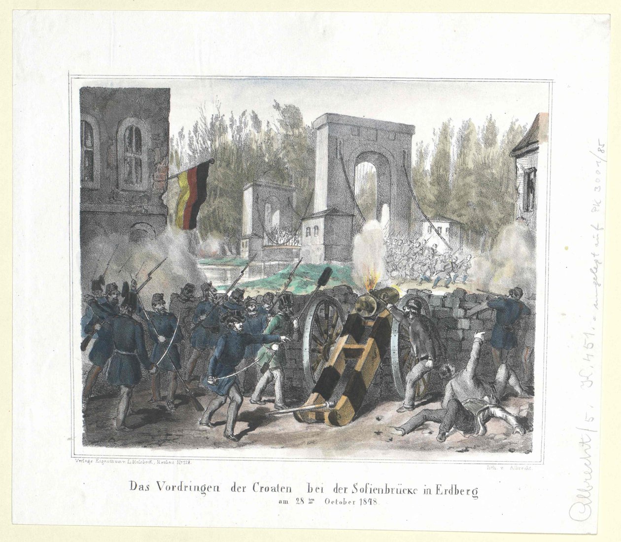 1848 年 10 月 28 日克罗地亚人在埃尔德贝格 Sofienbruecke 的穿插行动 作者 艺术家未知