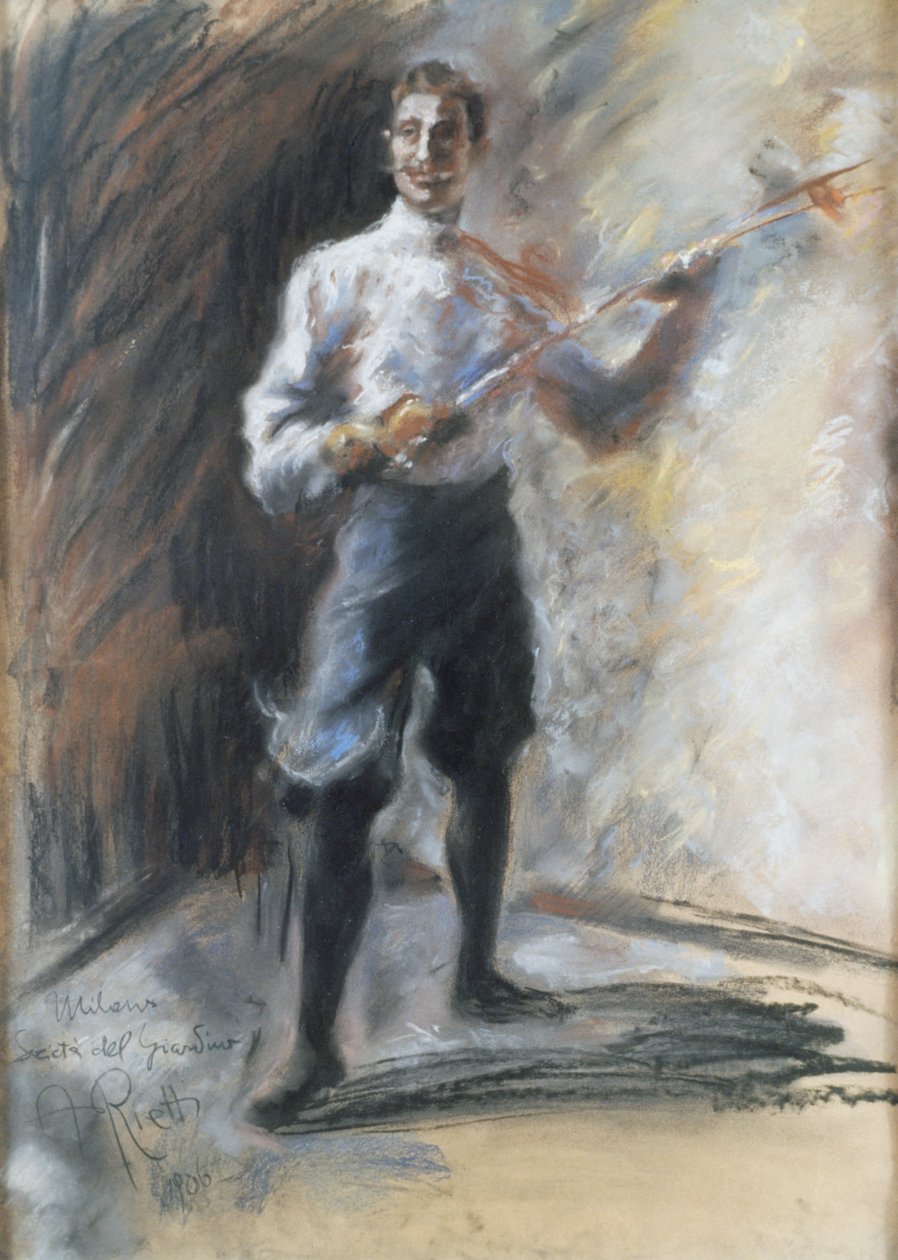 击剑大师韦斯，由Arturo Rietti（1863-1943）创作，纸上粉彩，72x53厘米。意大利，20世纪。 作者 阿图罗·里埃蒂（Arturo Rietti）