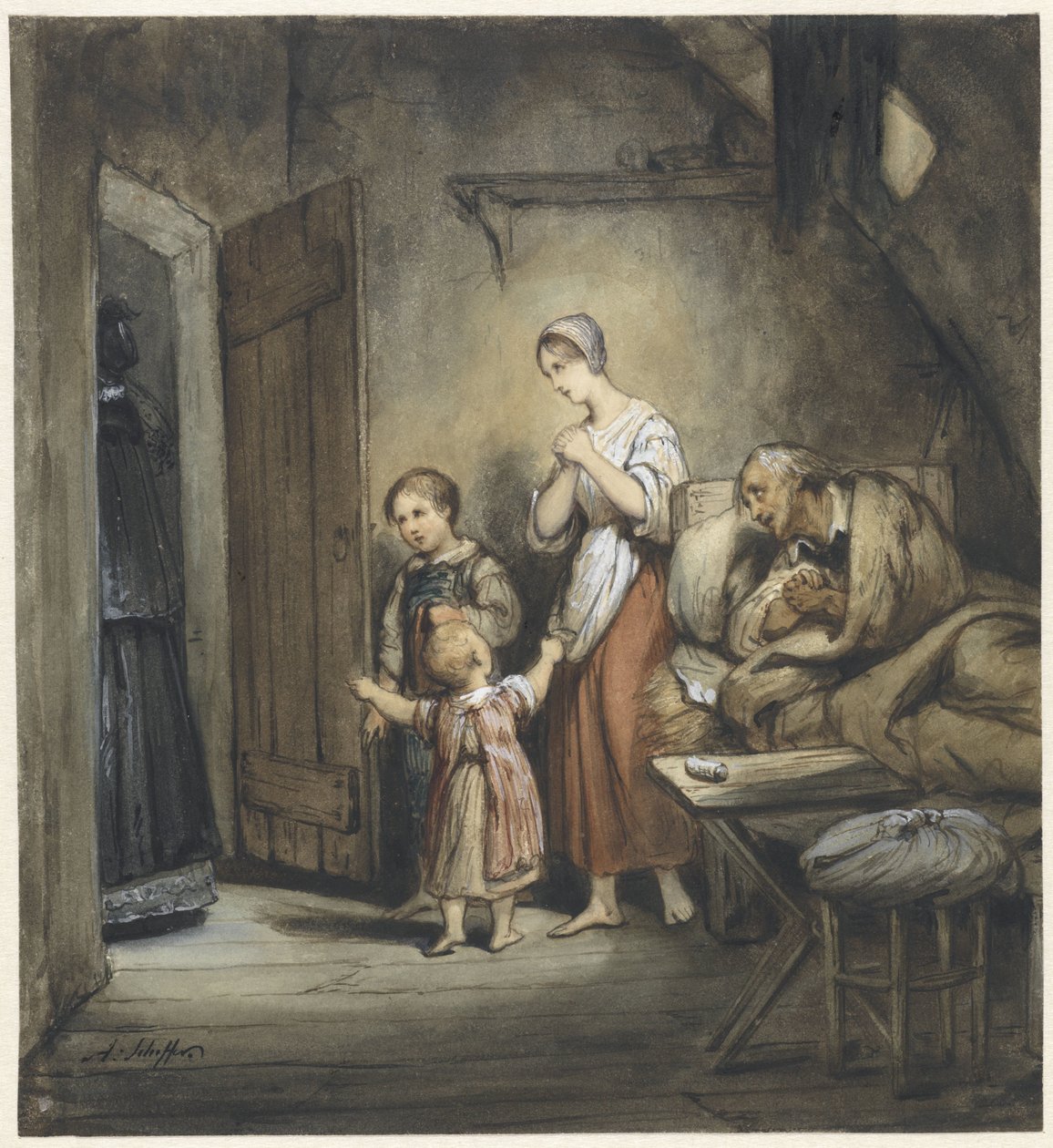 病人躺在床上，旁边有一个女人和两个孩子 作者 艾瑞·谢弗（Ary Scheffer）