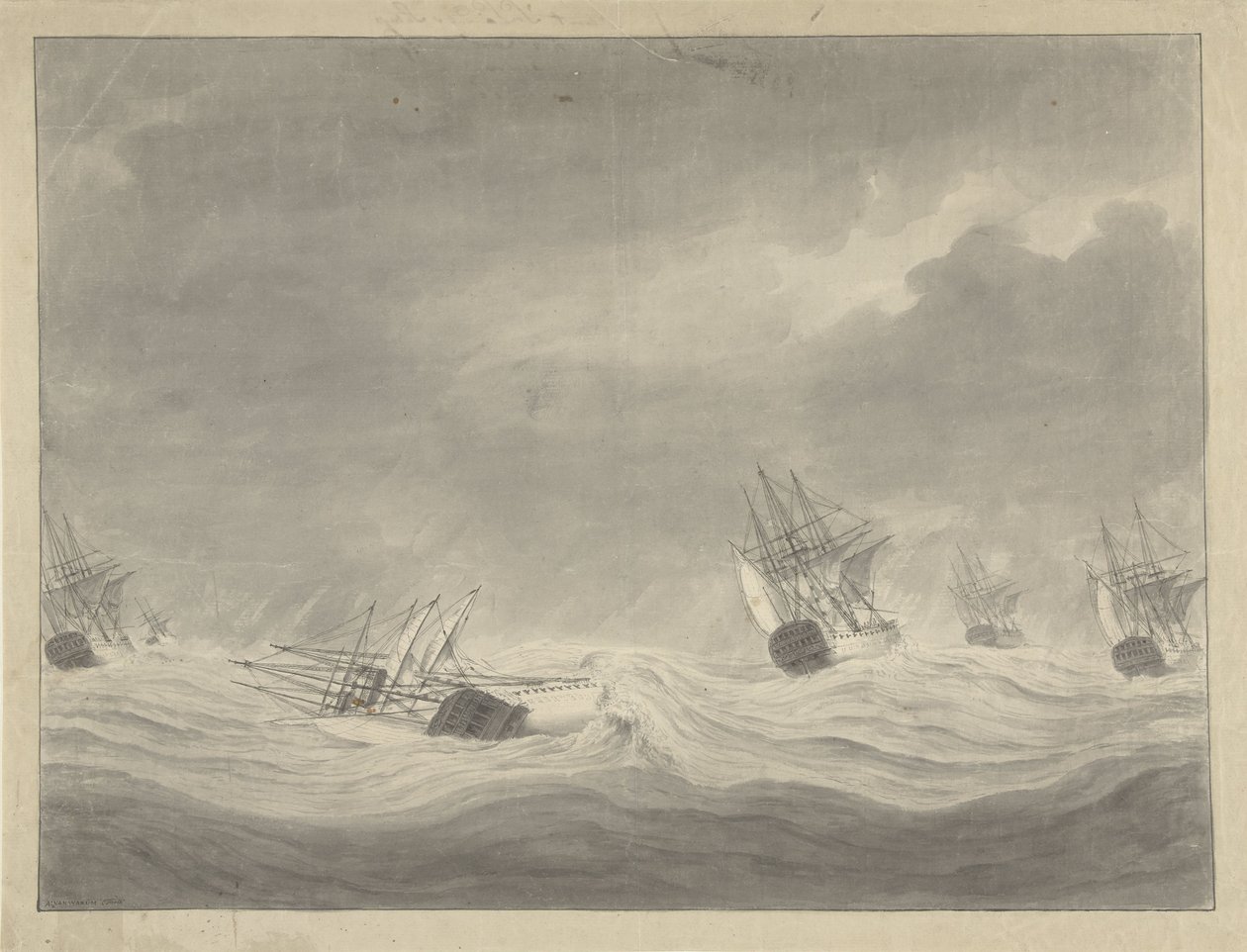 Het vergaan van het schip De Unie onder kapitein Graaf van Welderen op de Noordzee, 19 oktober 1782 作者 阿里·范瓦努姆