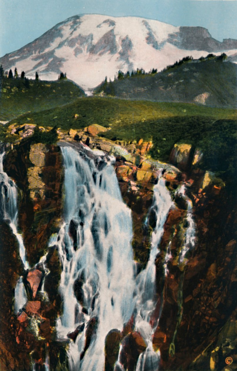 默特尔瀑布和雷尼尔山，c1916 作者 阿萨尔·柯蒂斯（Asahel Curtis）