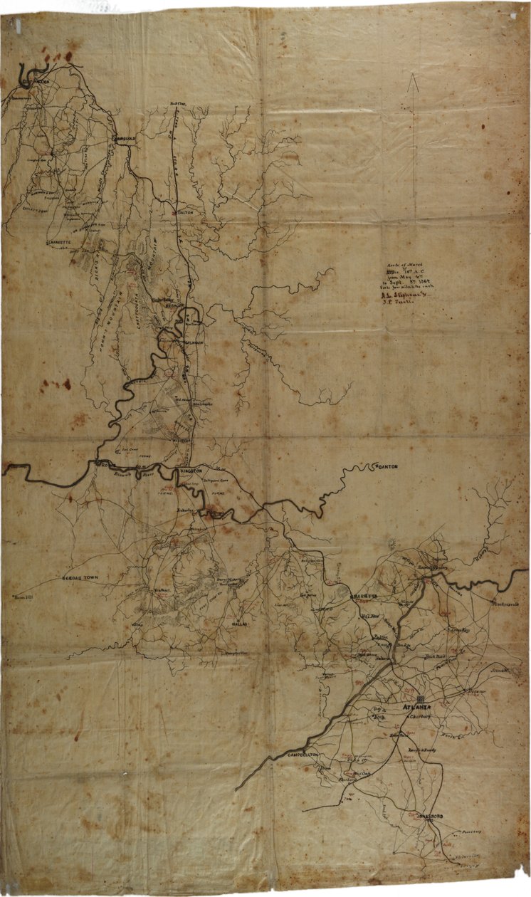 谢尔曼将军亚特兰大战役的手稿内战地图，c.1864 作者 斯蒂文斯（JP Stevens），Asbury L.和Snell，