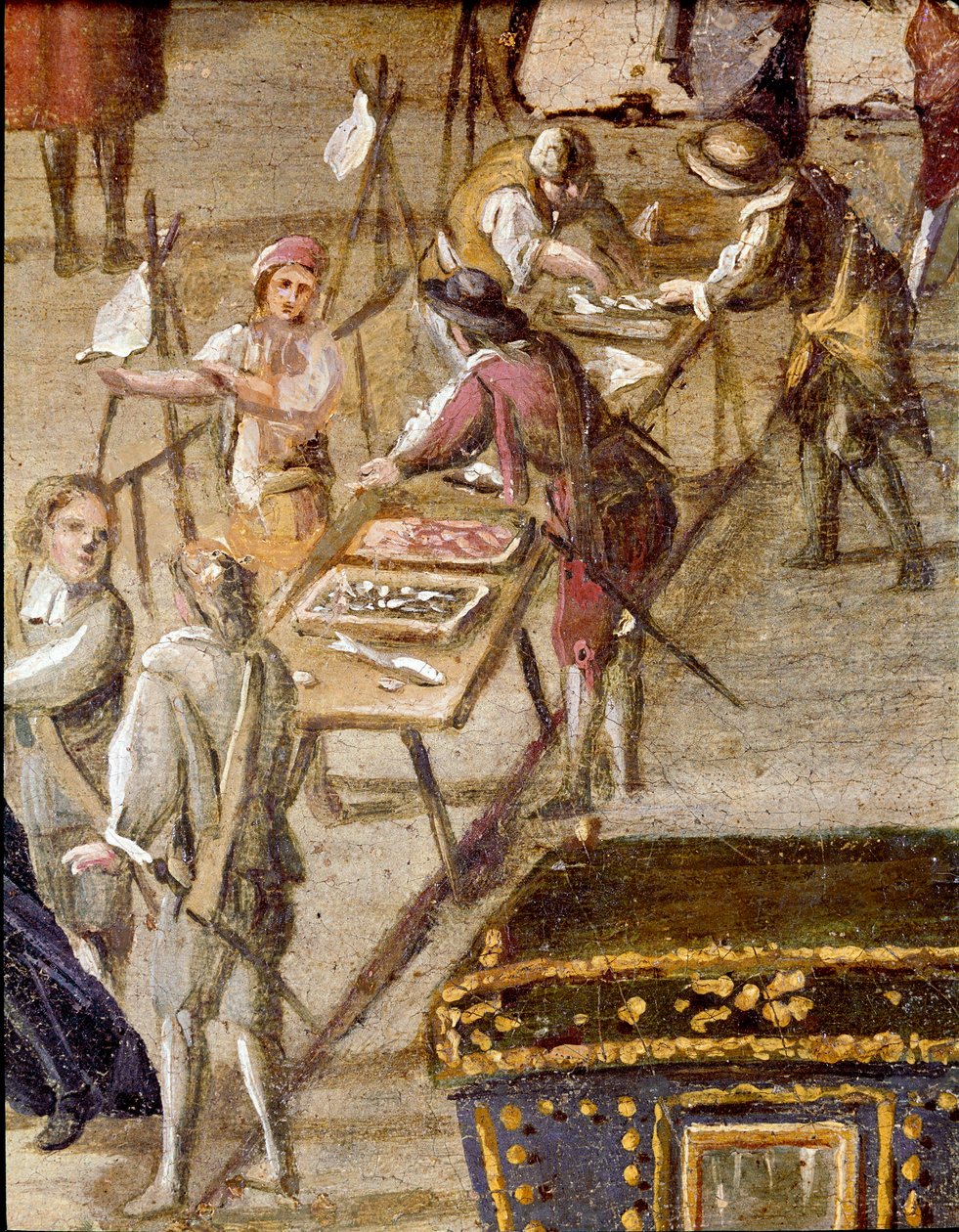 Place of the court of the Vicaria in Naples at the time of the revolution of Masaniello Criminals are judges before the entrance - Detail representing fish vendors - Painting by Ascanio Luciani (ca. 1621-1706) Naples, Museo Nazionale di San Martino 作者 阿斯卡尼奥·卢西亚尼（Ascanio Luciani）