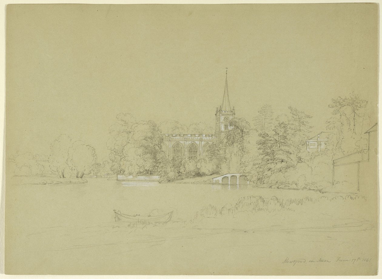 教区教堂，英格兰埃文河畔斯特拉特福，1841年（灰色纸上的石墨和白水粉） 作者 阿舍·布朗·杜兰德
