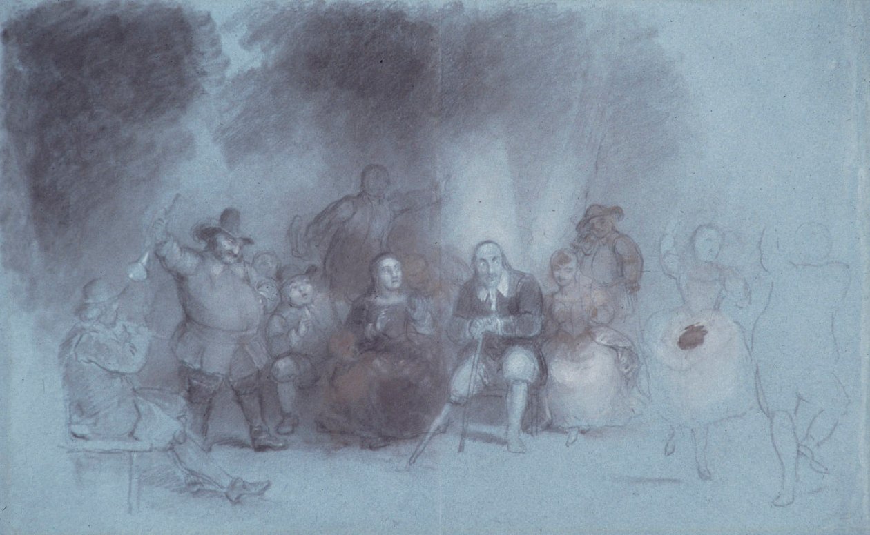 在电池上跳舞，c.1838年（炭灰色，蓝灰色纸上用棕色和白色粉笔重音） 作者 阿舍·布朗·杜兰德