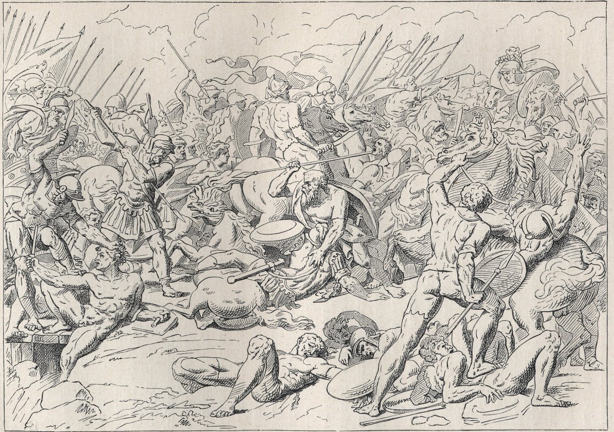 伯罗奔尼撒战争：波蒂迪亚战役（La battaglia di Potidea），希腊哲学家苏格拉底在阿尔西比亚德救了自己的命。 （雕刻 d