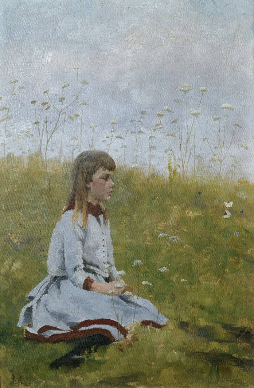 花丛中的女孩，约 1885 年（布面油画） 作者 阿斯塔·诺雷加德（AstaNørregaard）