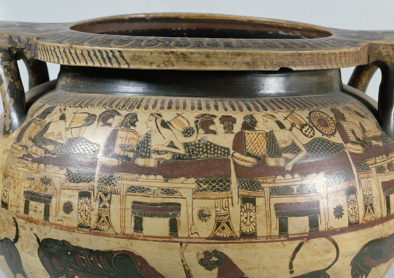 详细的科林斯krater与宴会现场，公元前5000  -  575年（陶器） 作者 阿萨娜画家